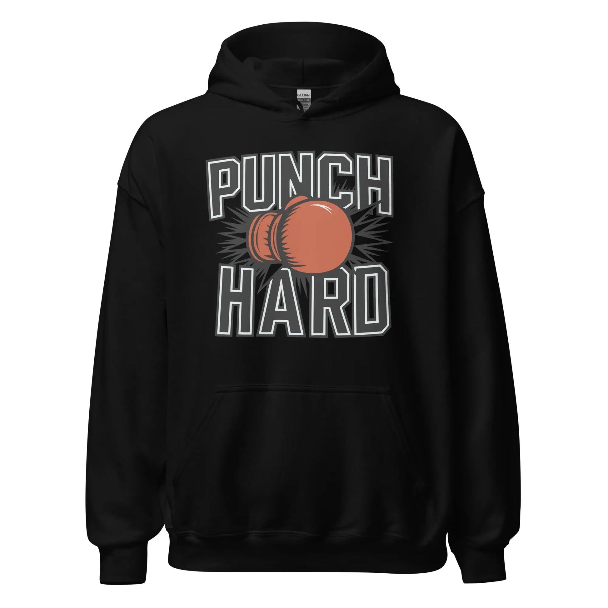 Front view of Black unisex heavy blend hoodie with 'Punch Hard' boxing graphic — Fighters Corner.