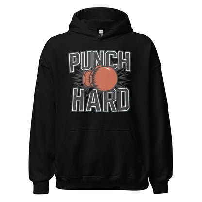 Front view of Black unisex heavy blend hoodie with 'Punch Hard' boxing graphic — Fighters Corner.