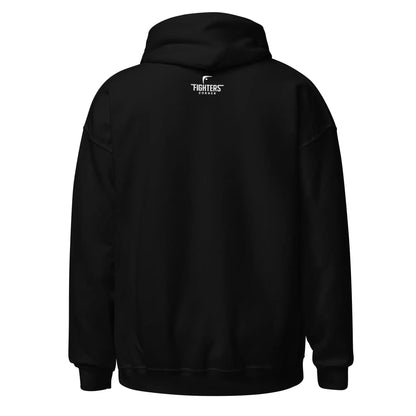 Back view of black unisex heavy blend hoodie featuring Fighters Corner logo on upper back — Fighters Corner.