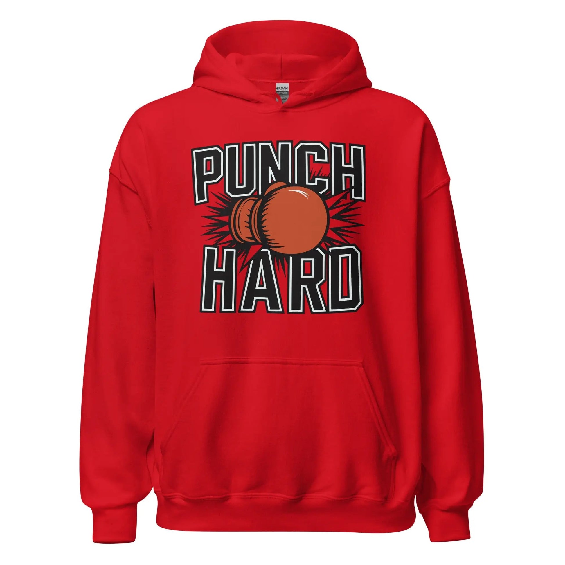 Front view of red unisex heavy blend hoodie featuring 'Punch Hard' boxing graphic — Fighters Corner.