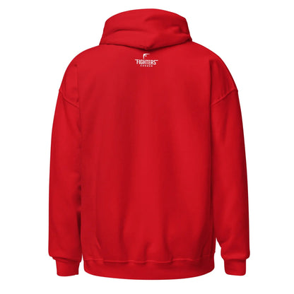 Back view of red unisex heavy blend hoodie featuring Fighters Corner logo on upper back — Fighters Corner.