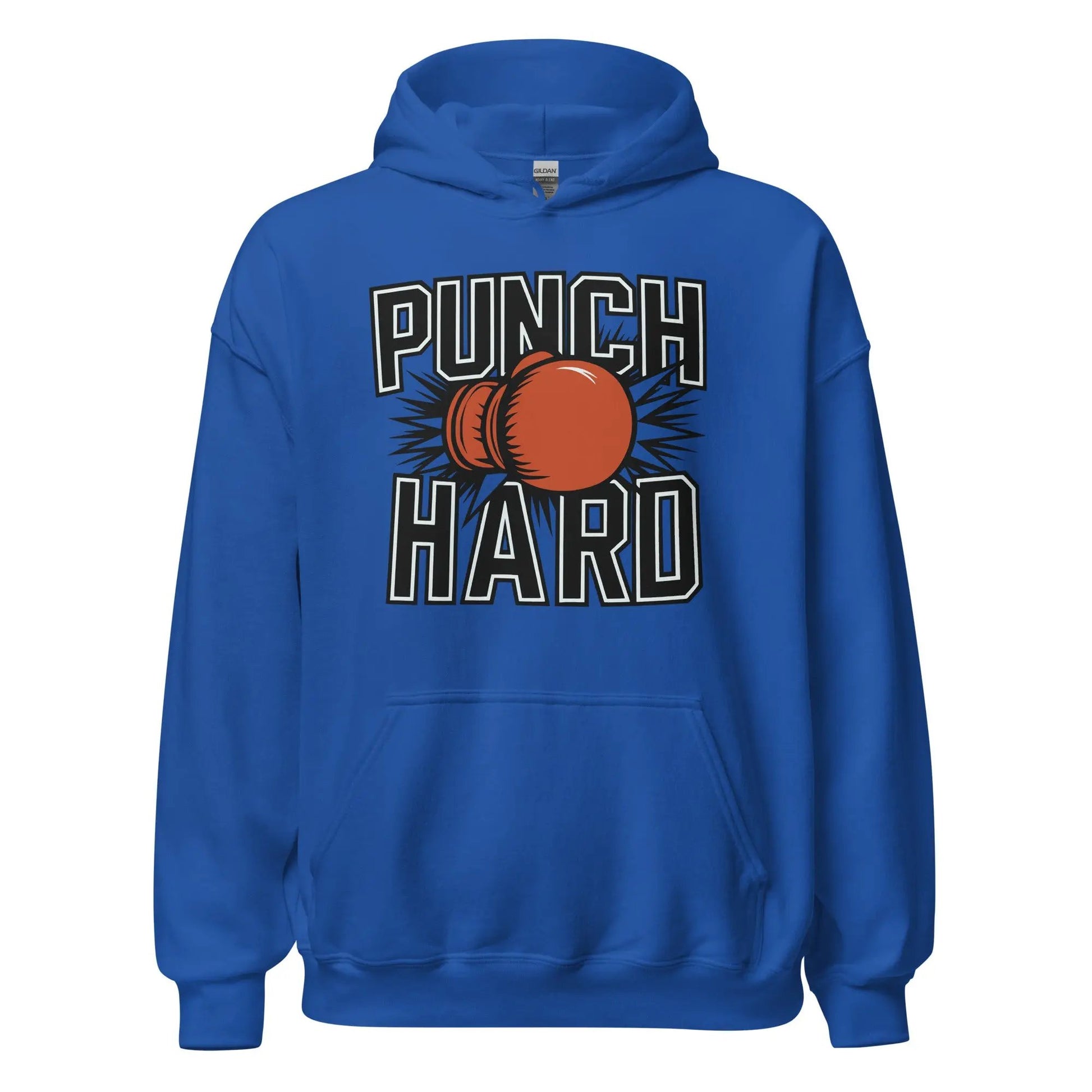 Front view of royal blue unisex heavy blend hoodie featuring 'Punch Hard' boxing graphic — Fighters Corner.