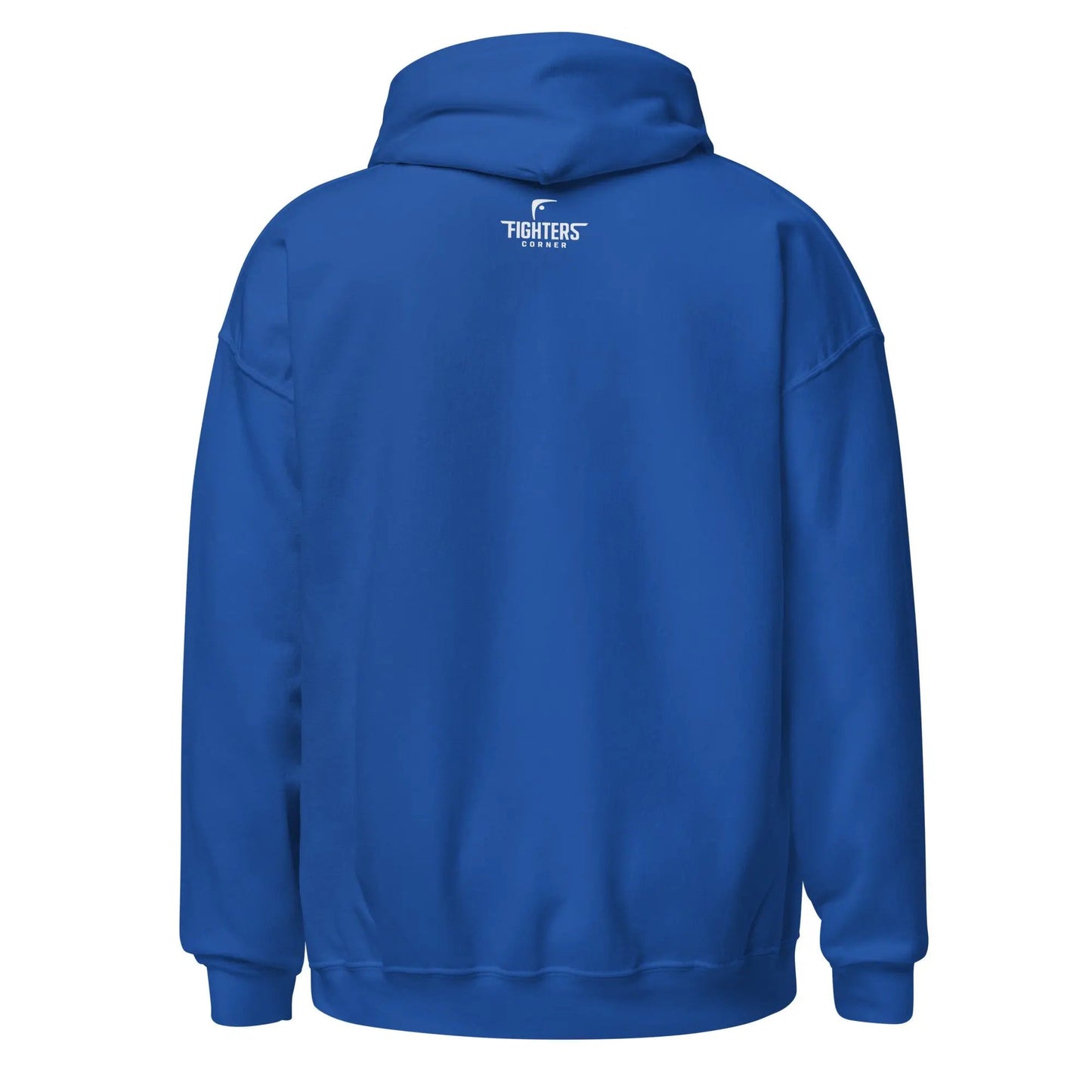 Back view of royal blue unisex heavy blend hoodie featuring Fighters Corner logo on upper back — Fighters Corner.