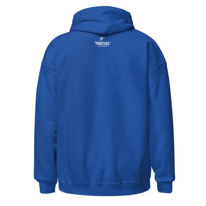 Back view of royal blue unisex heavy blend hoodie featuring Fighters Corner logo on upper back — Fighters Corner.