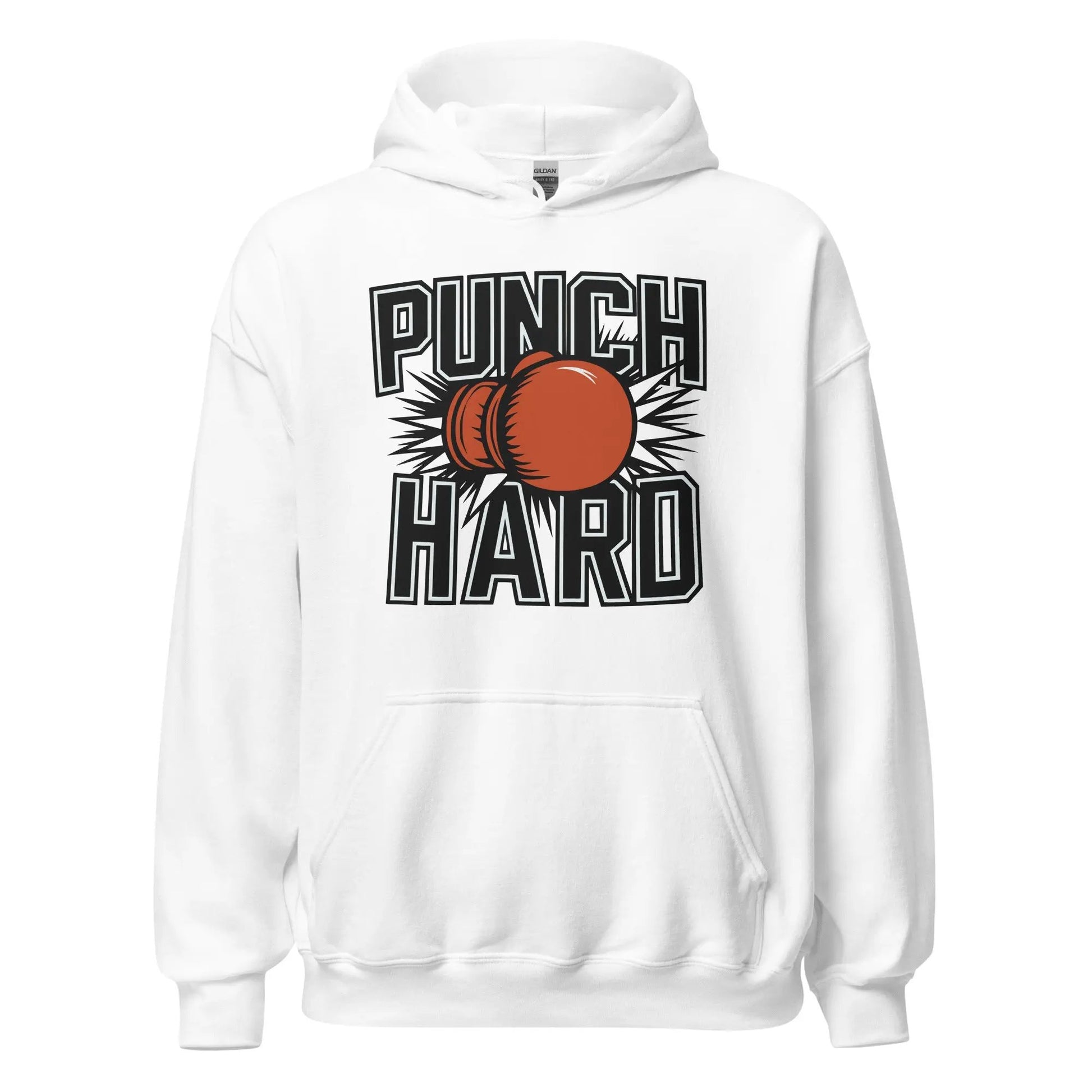 Front view of white unisex heavy blend hoodie featuring 'Punch Hard' boxing graphic — Fighters Corner.