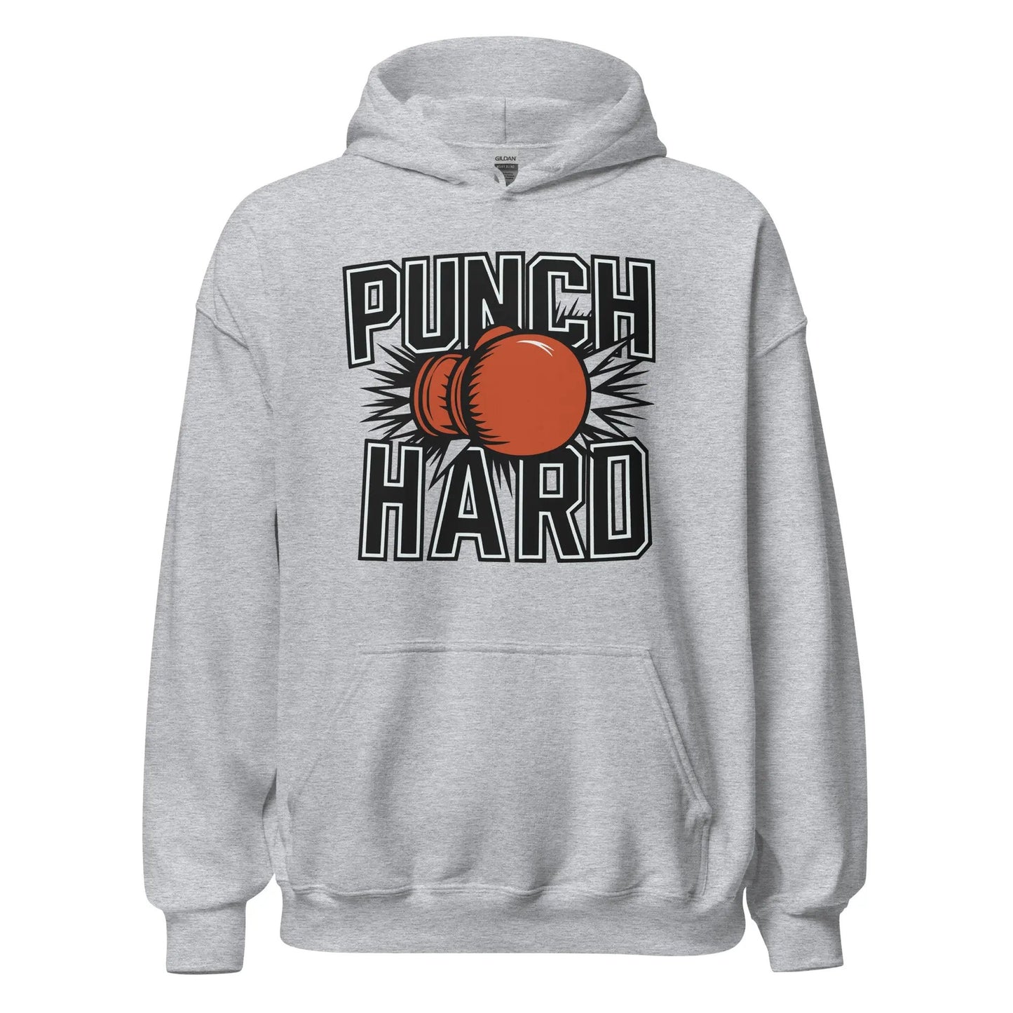 Front view of grey unisex heavy blend hoodie with 'Punch Hard' boxing graphic — Fighters Corner.