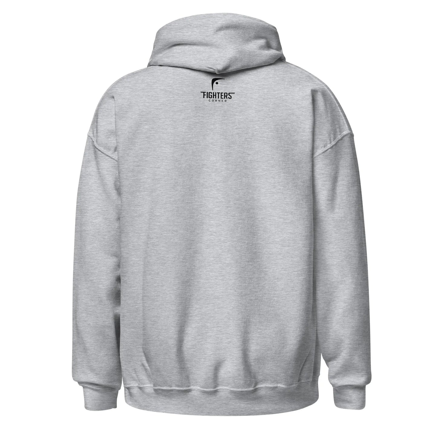 Gray hoodie with logo on the back on a white background