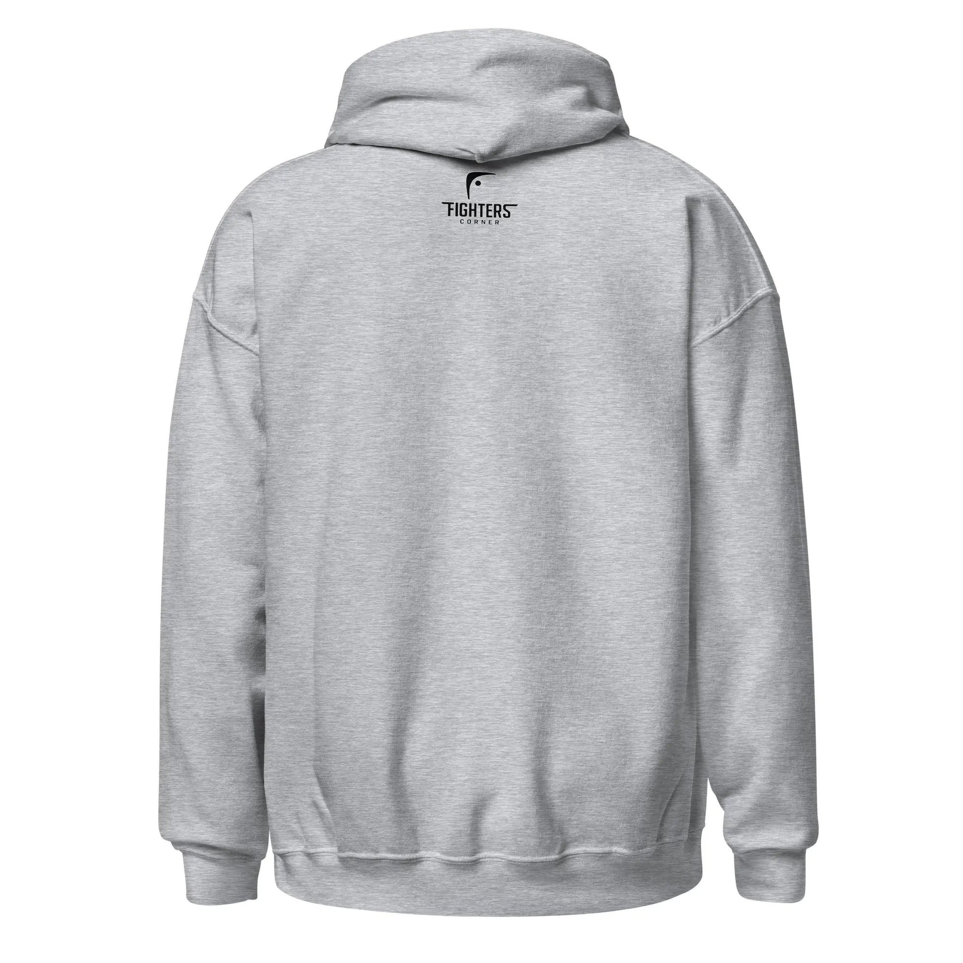 Gray hoodie with logo on the back on a white background