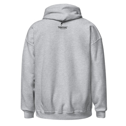 Gray hoodie with logo on the back on a white background