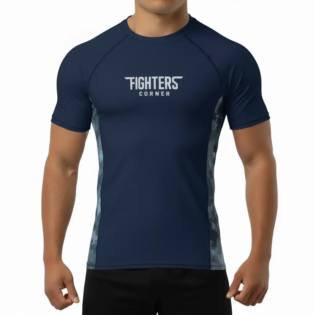 Fighters Corner navy athletic rash guard with centered logo on white background