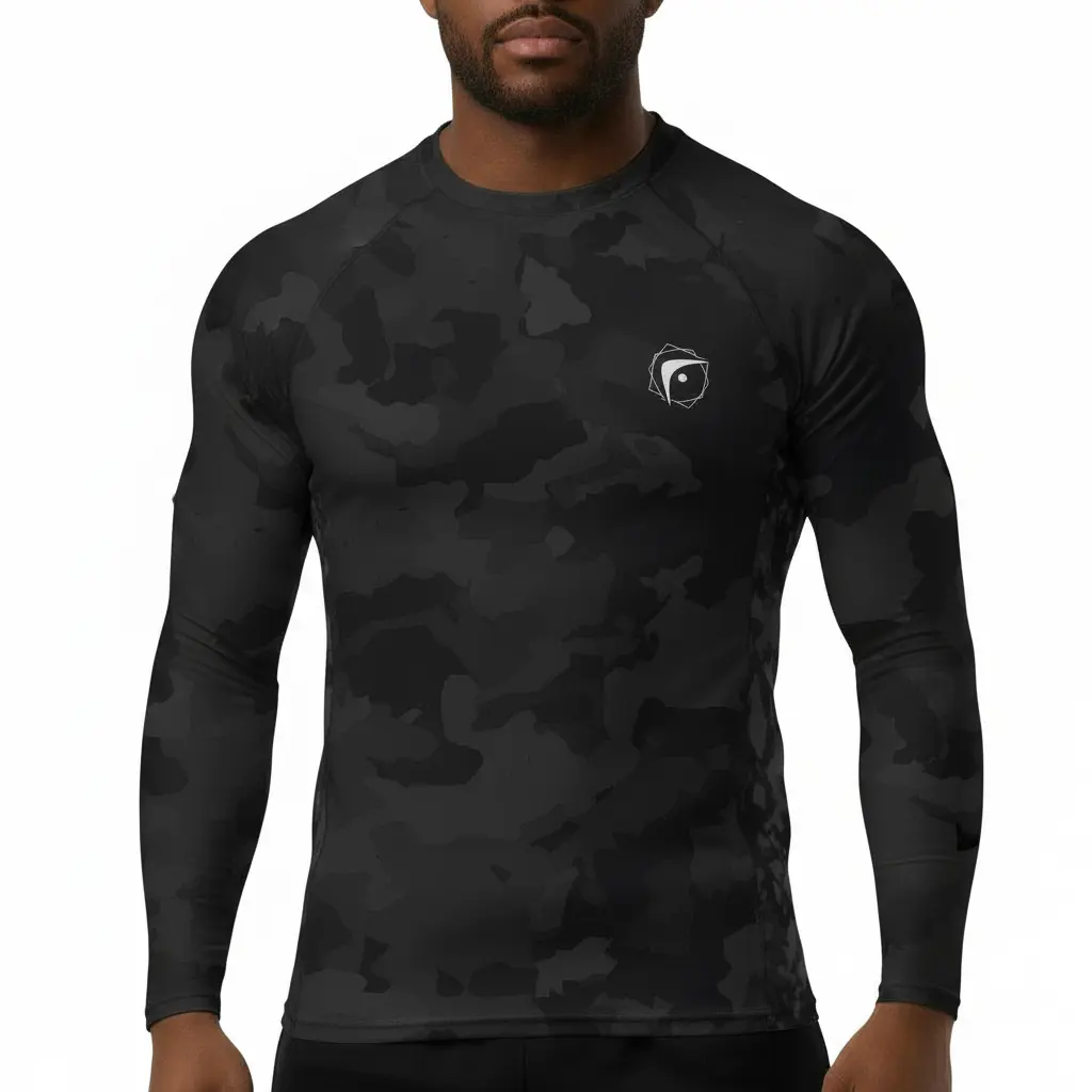 Fighters Corner black camouflage rash guard front-facing long-sleeve shirt with logo on white background