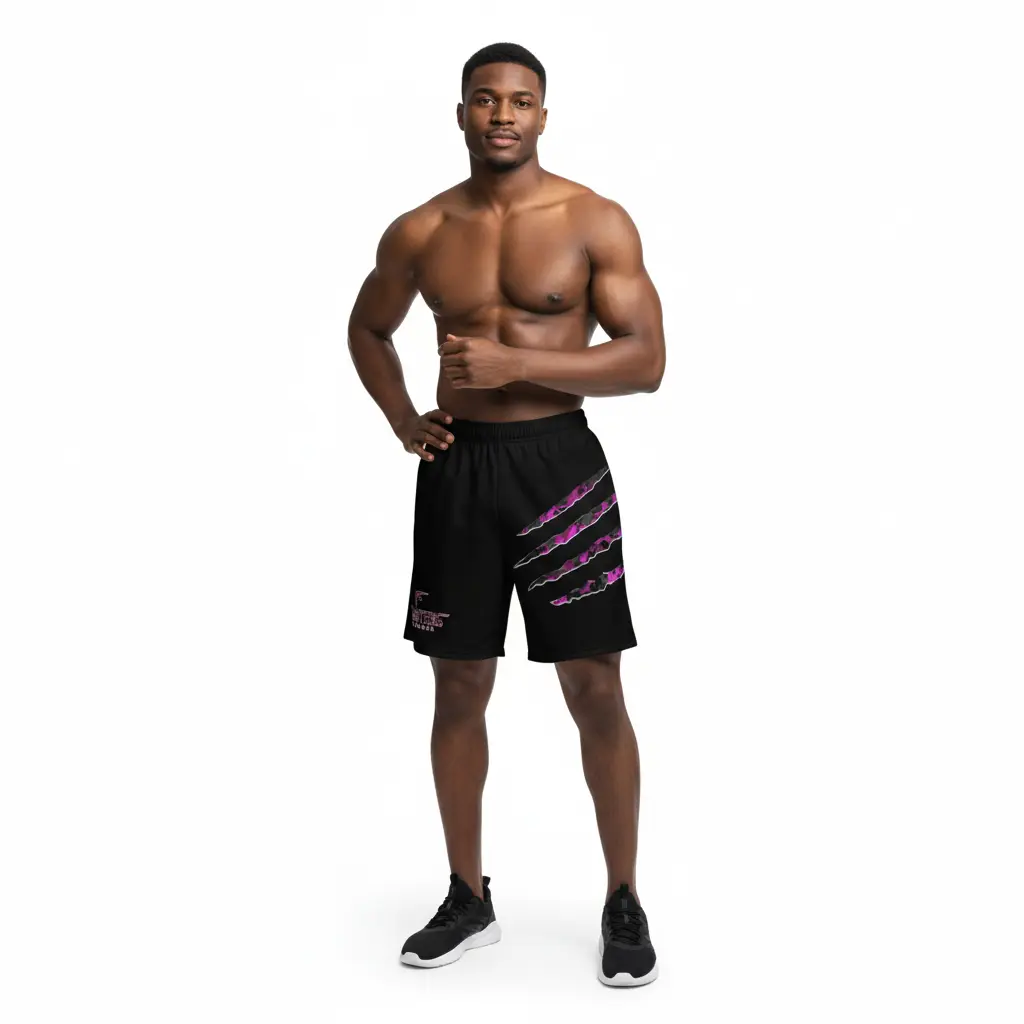 Fighters Corner black boxing shorts relaxed lifestyle pose mockup featuring pink designs, ideal fight wear for boxing gear, combat sports and athletic wear