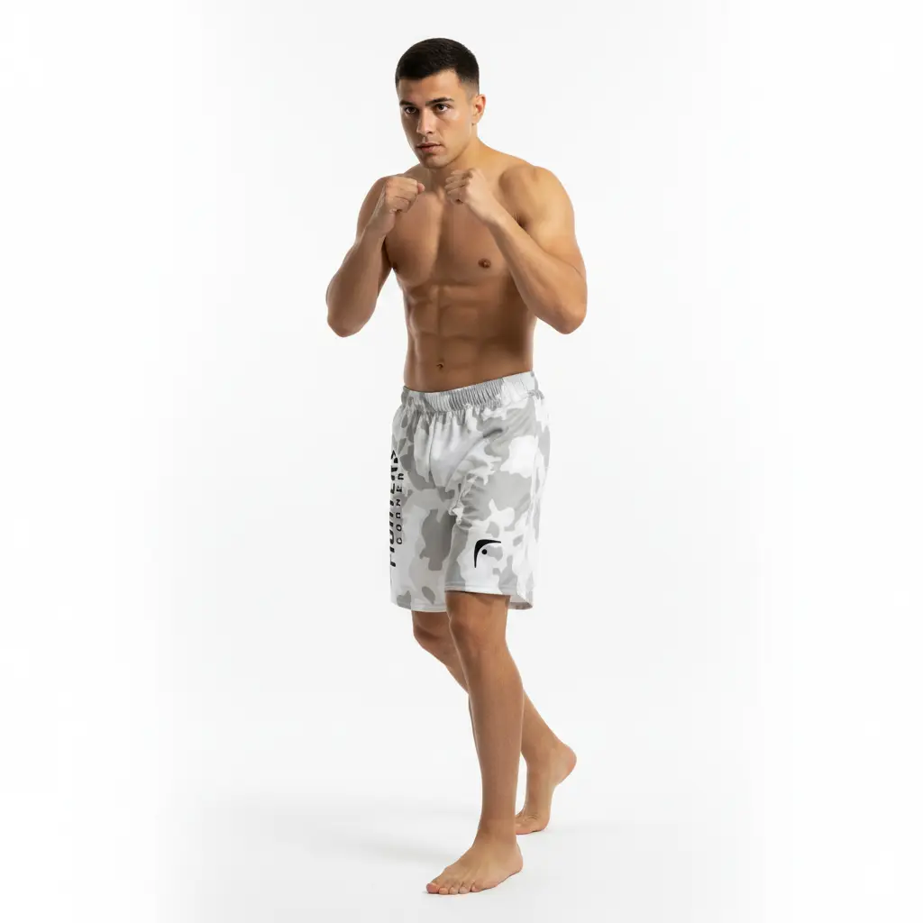 Fighters Corner white camouflage boxing shorts athletic pose mockup