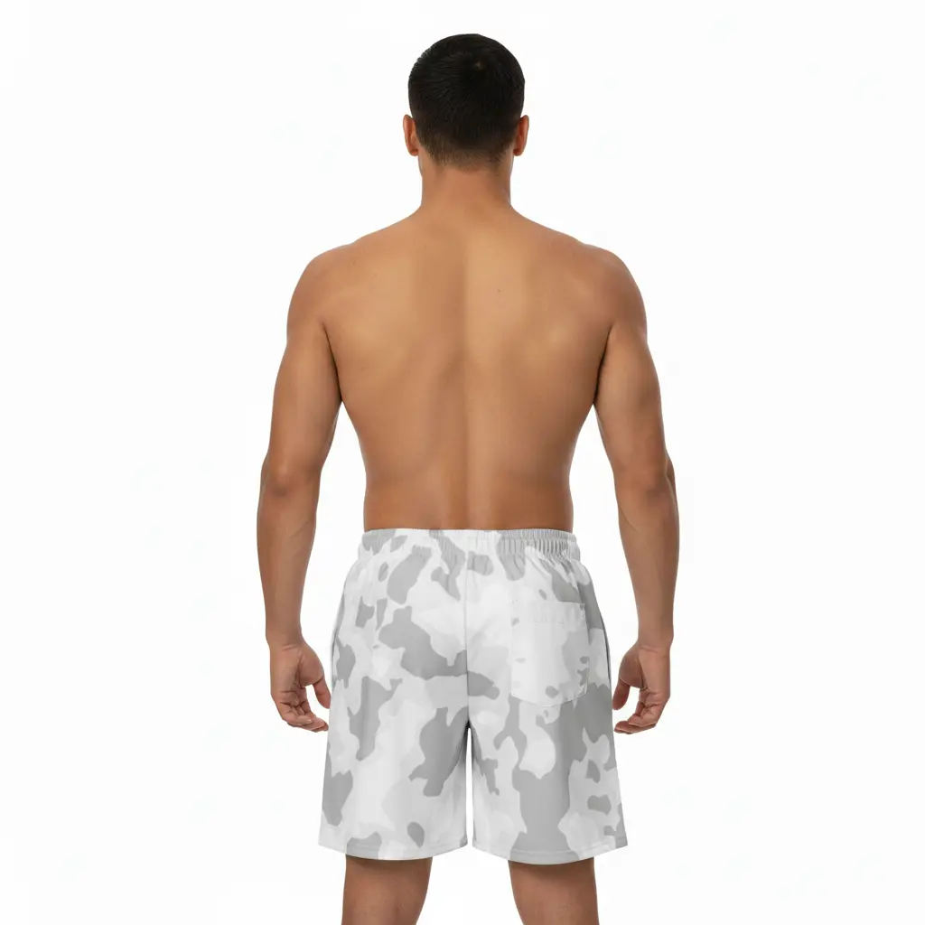 Fighters Corner white camouflage boxing shorts back view mockup