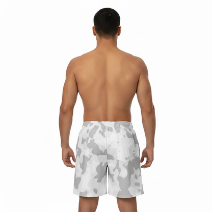 Fighters Corner white camouflage boxing shorts back view mockup