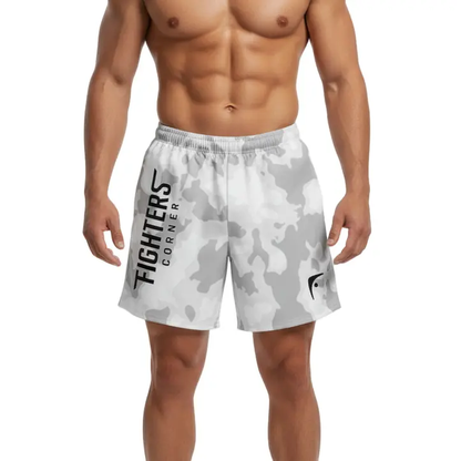 Fighters Corner white camouflage boxing shorts front neutral stance