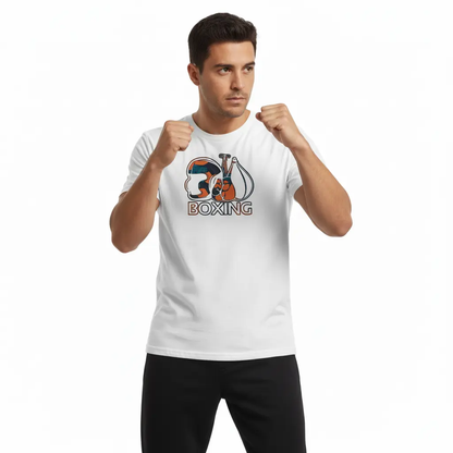 Fighters Corner white boxing t-shirt dynamic action pose mockup - athletic fight wear for combat sports training