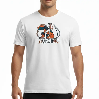 Fighters Corner white boxing t-shirt mockup front athletic pose with boxing graphic and text on white background