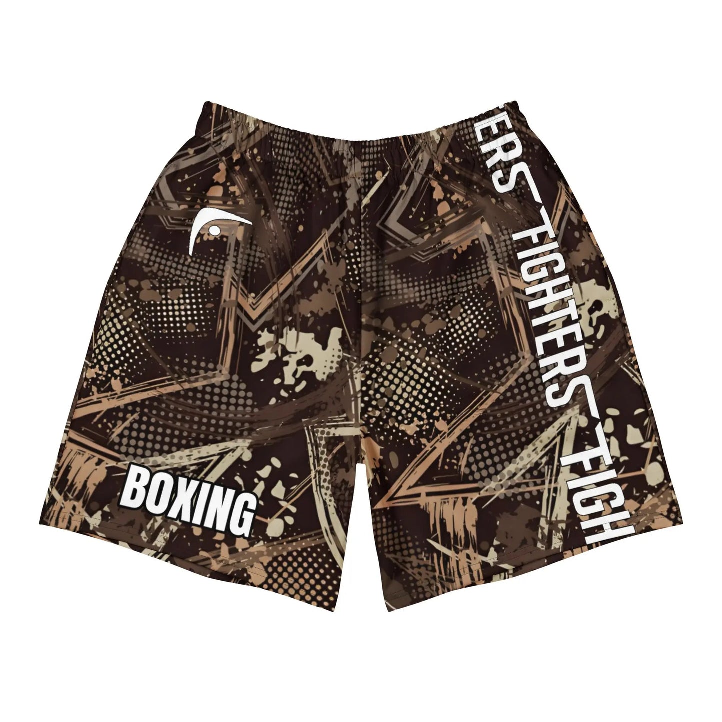 A pair of camouflage-style boxing shorts with the text 'BOXING' on the front, predominantly in earth tones with black accents.