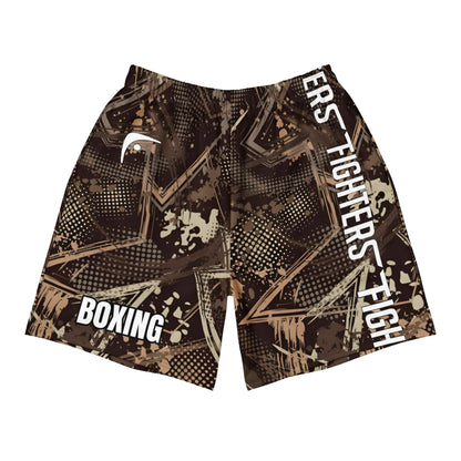 A pair of camouflage-style boxing shorts with the text 'BOXING' on the front, predominantly in earth tones with black accents.