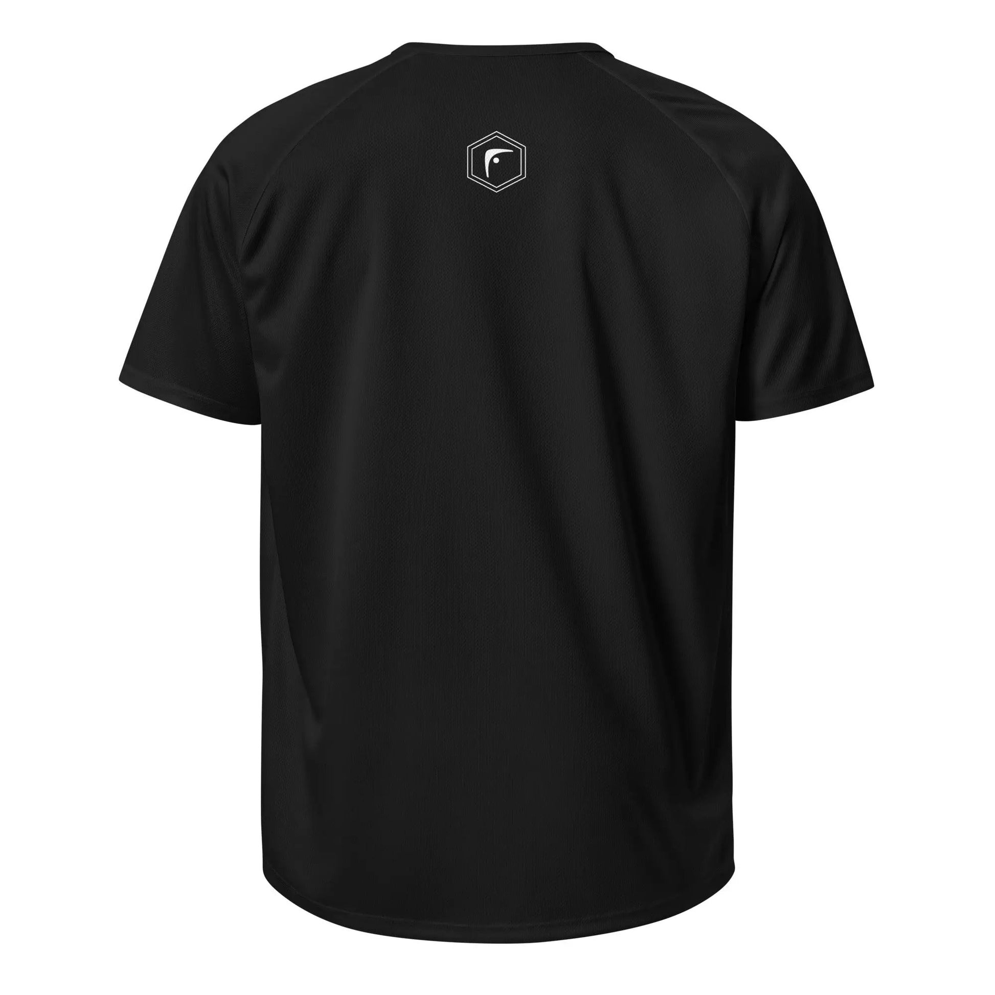 Back view of black unisex sports jersey featuring small hexagon Fighters Corner logo on upper back — Fighters Corner.