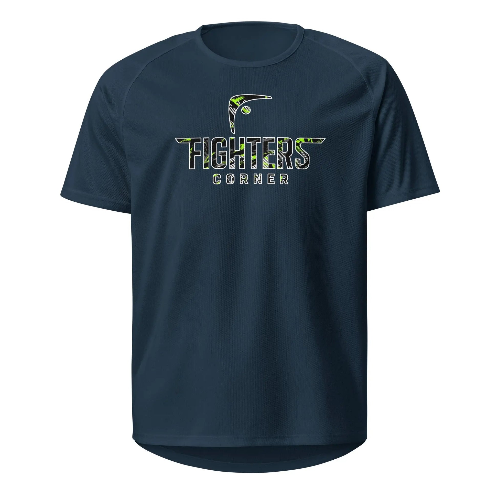 Front view of navy blue unisex sports jersey featuring green camo Fighters Corner logo on chest — Fighters Corner.