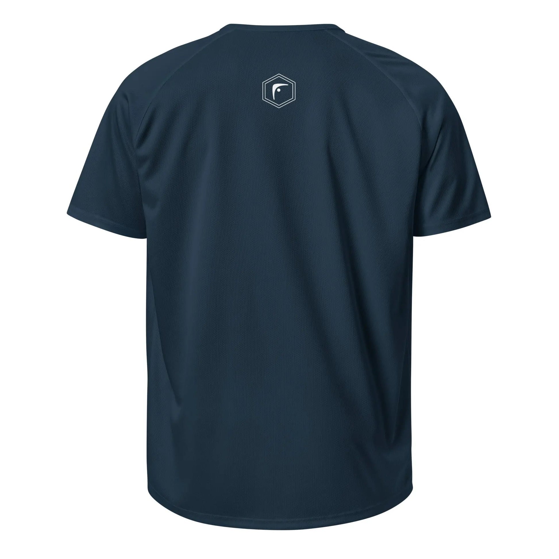 Back view of navy blue unisex sports jersey featuring small hexagon Fighters Corner logo on upper back — Fighters Corner.