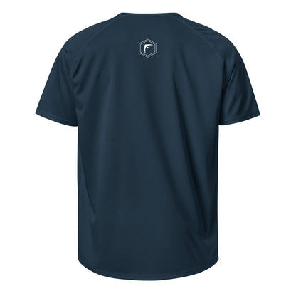 Back view of navy blue unisex sports jersey featuring small hexagon Fighters Corner logo on upper back — Fighters Corner.