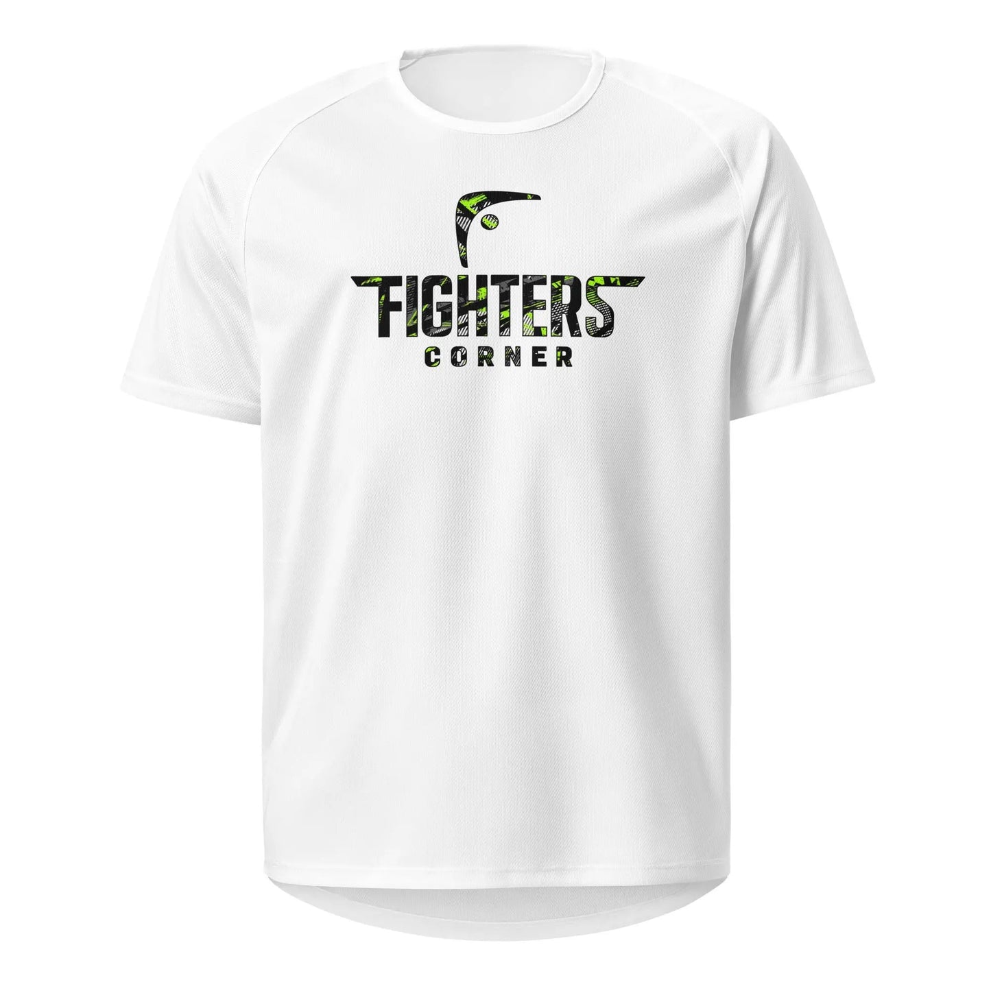 Front view of white unisex sports jersey featuring green camo Fighters Corner logo on chest — Fighters Corner.