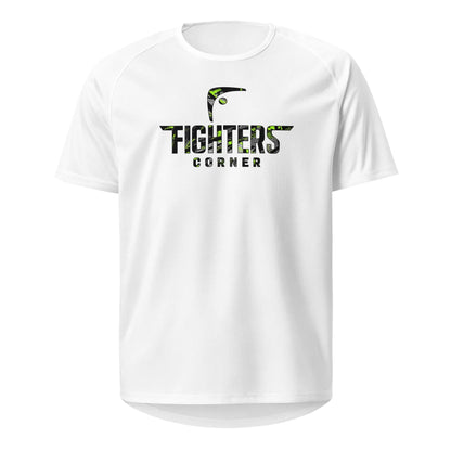 Front view of white unisex sports jersey featuring green camo Fighters Corner logo on chest — Fighters Corner.