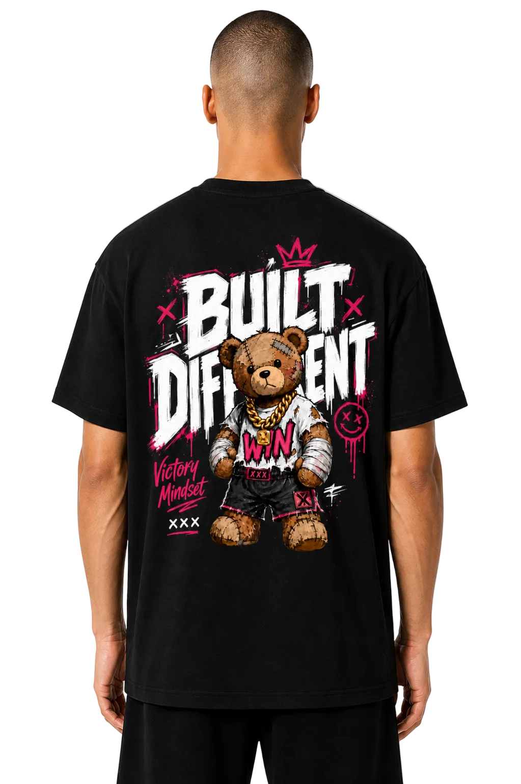 Fighters Corner Built Different Streetwear T-Shirt in Black, back view with Built Different boxing bear graphic