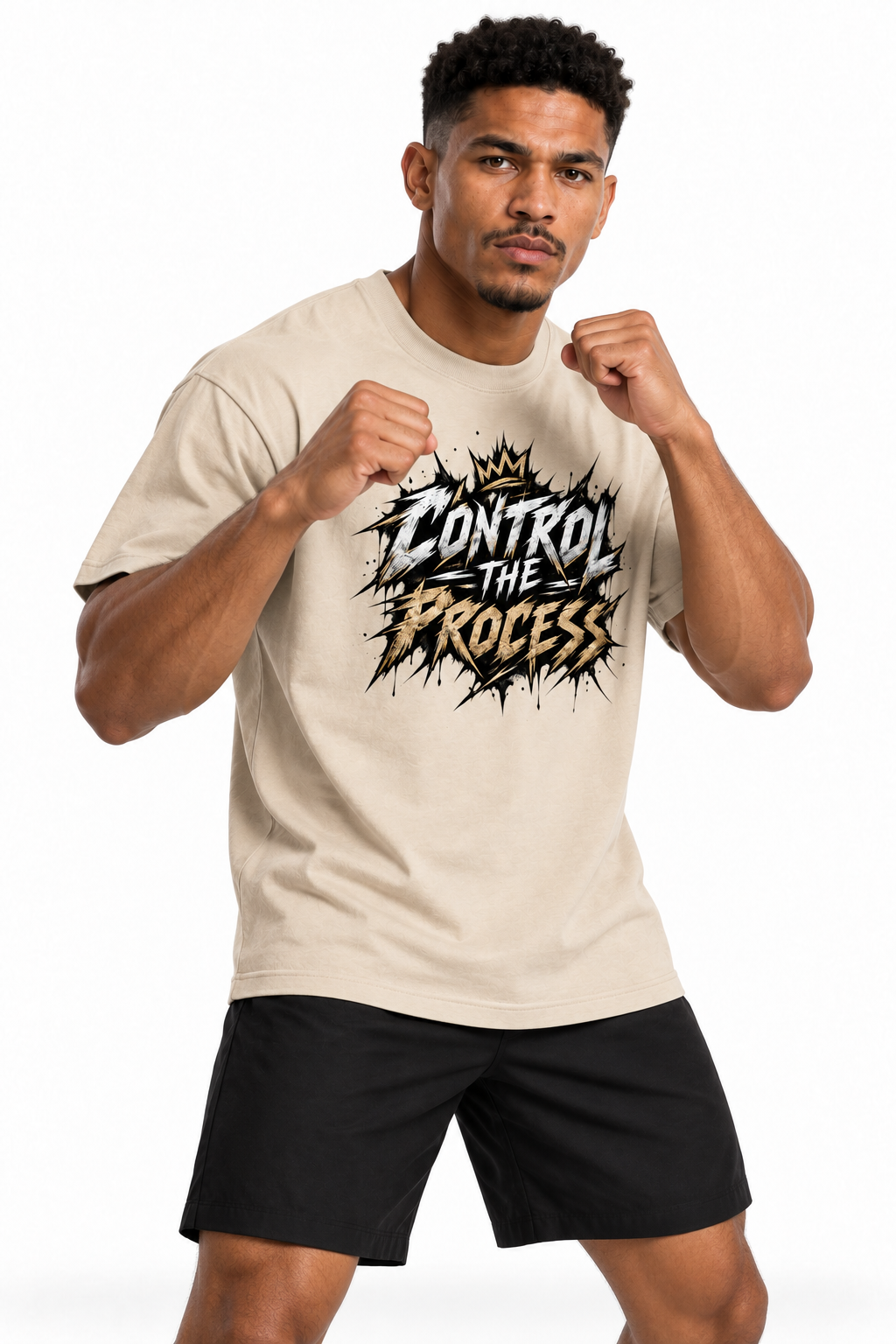Gray Apricot CONTROL THE PROCESS boxing T-shirt, boxing-ready front view