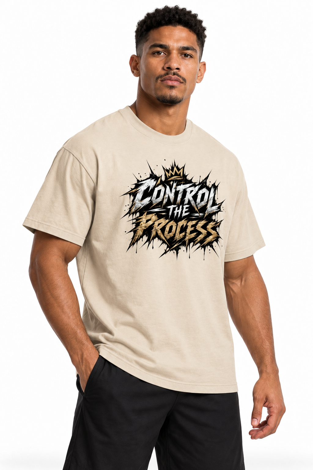 Gray Apricot CONTROL THE PROCESS boxing T-shirt, three-quarter front view