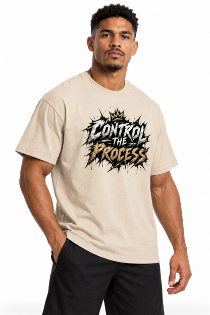 Gray Apricot CONTROL THE PROCESS boxing T-shirt, three-quarter front view
