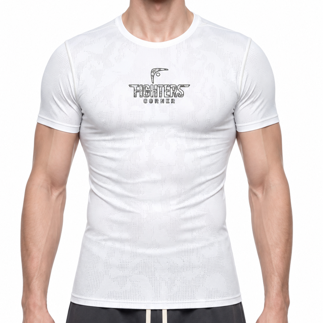 White Fighters Corner jacquard mesh compression tee front view