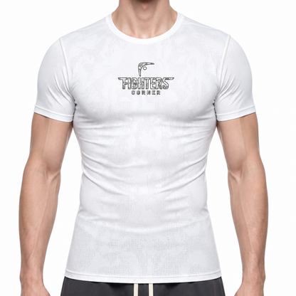 White Fighters Corner jacquard mesh compression tee front view