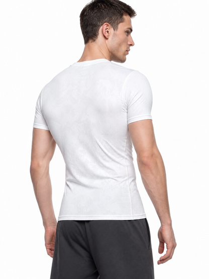 White Fighters Corner jacquard mesh compression tee three-quarter back view