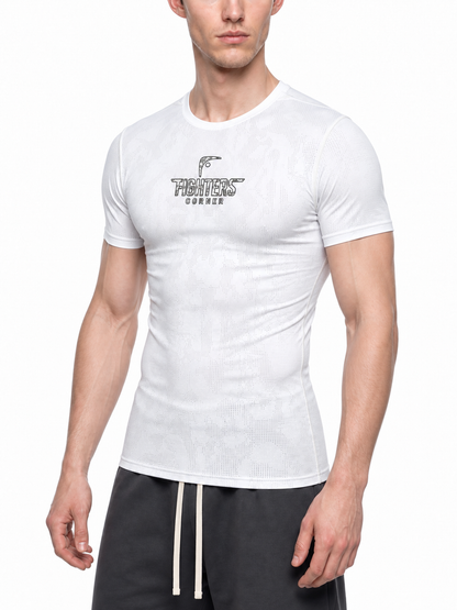 White Fighters Corner jacquard mesh compression tee three-quarter front view