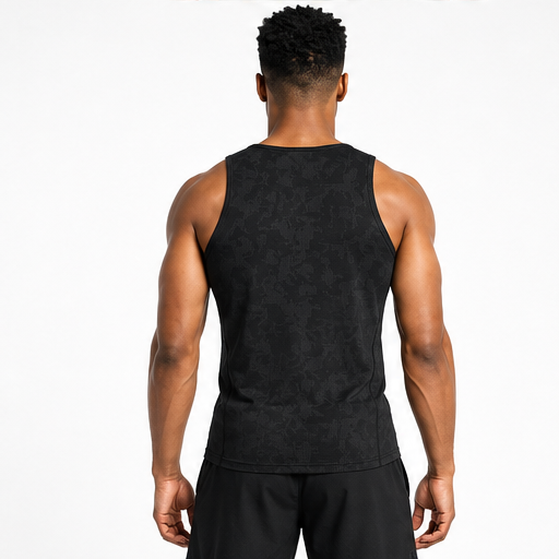 Men's black jacquard performance tank top back view
