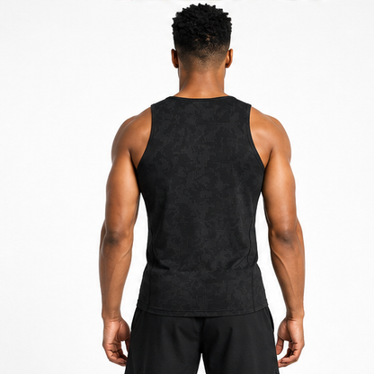 Men's black jacquard performance tank top back view