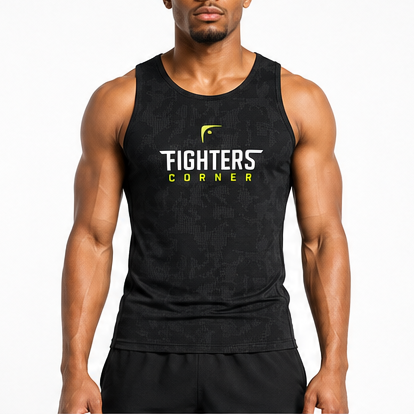 Men's black jacquard performance tank top front view with Fighters Corner logo