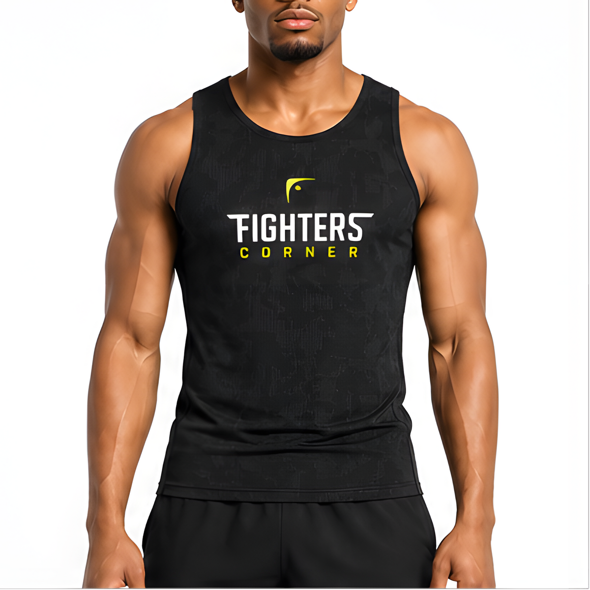 Men's black jacquard performance tank top front view with Fighters Corner logo