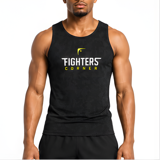 Men's black jacquard performance tank top front view with Fighters Corner logo