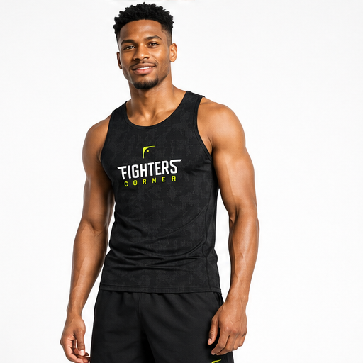 Men's black jacquard performance tank top lifestyle front view with Fighters Corner logo