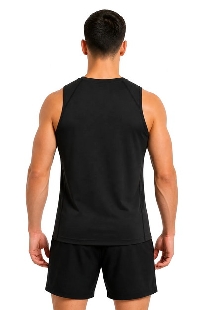 Fighters Corner Fight-Ready Topstitch Tank in black, back view on athletic male model