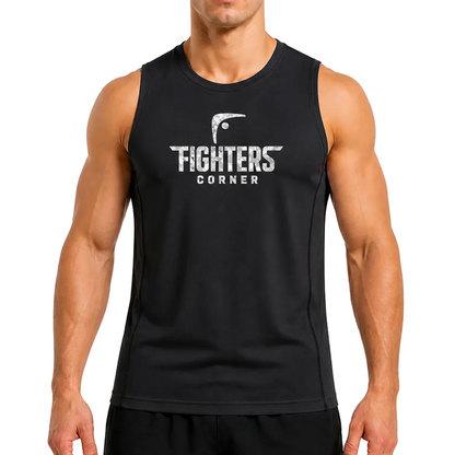 Fighters Corner Fight-Ready Topstitch Tank in black, front view on athletic male model