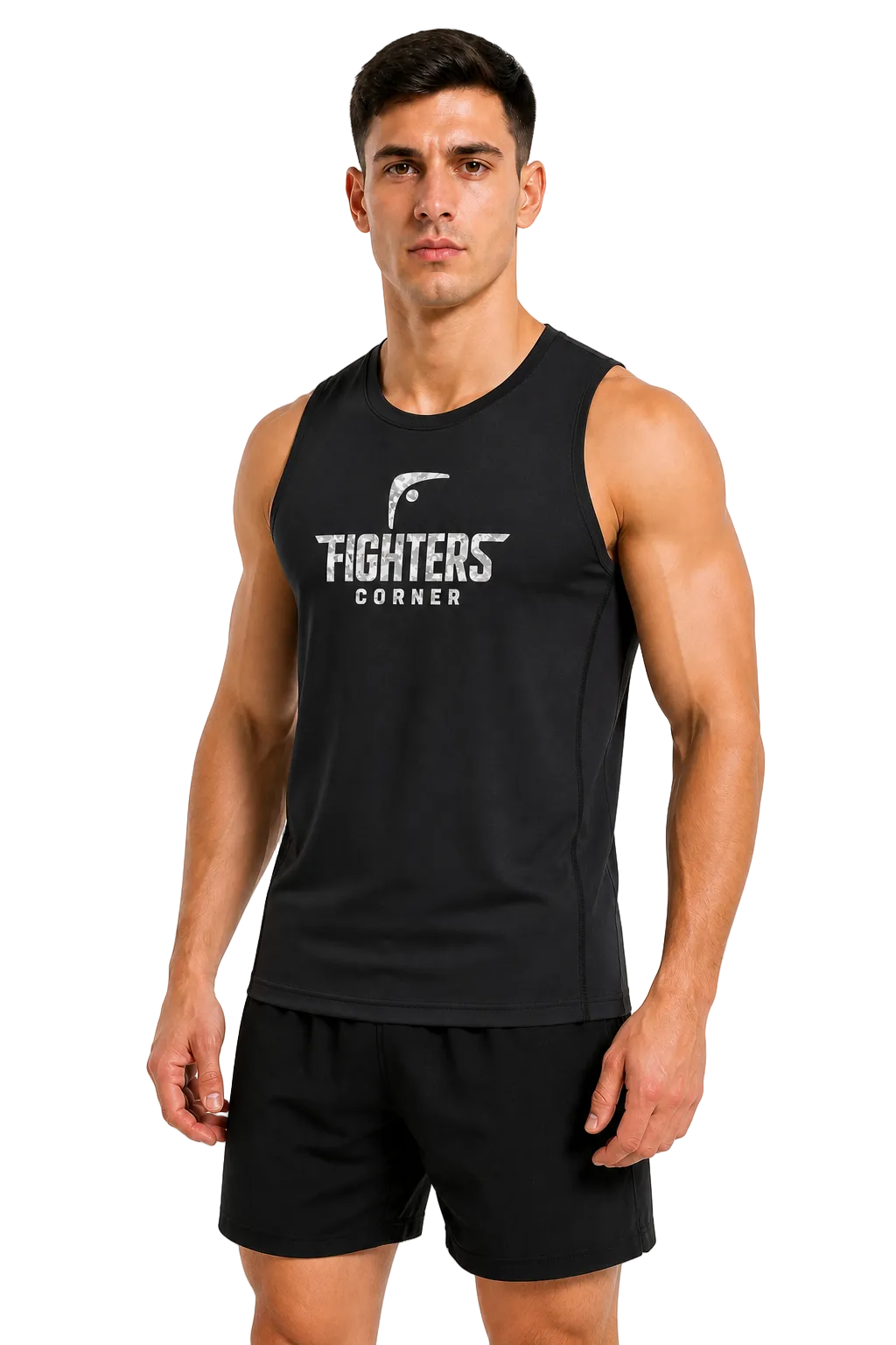 Fighters Corner Fight-Ready Topstitch Tank in black, three-quarter front view on athletic male model