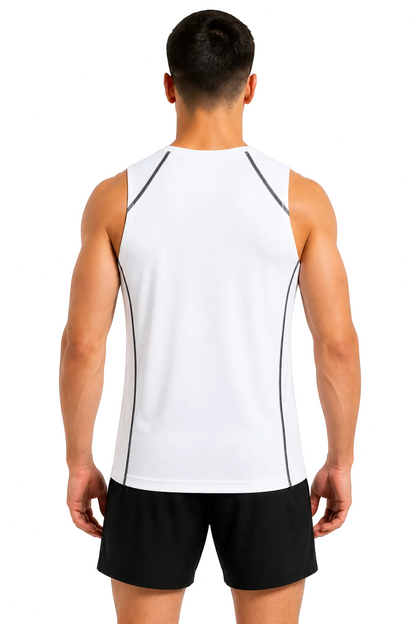 Fighters Corner Fight-Ready Topstitch Tank in white, back view on athletic male model