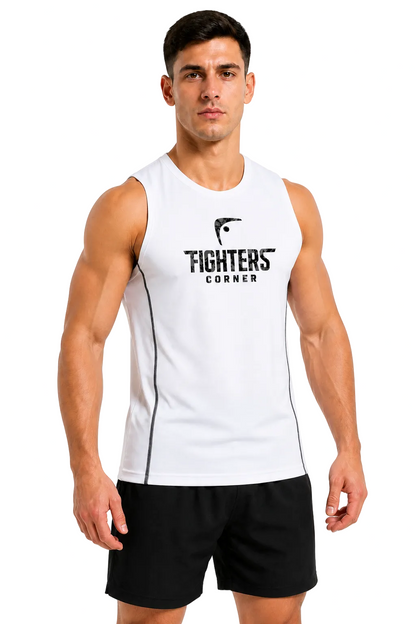 Fighters Corner Fight-Ready Topstitch Tank in white, three-quarter front view on athletic male model
