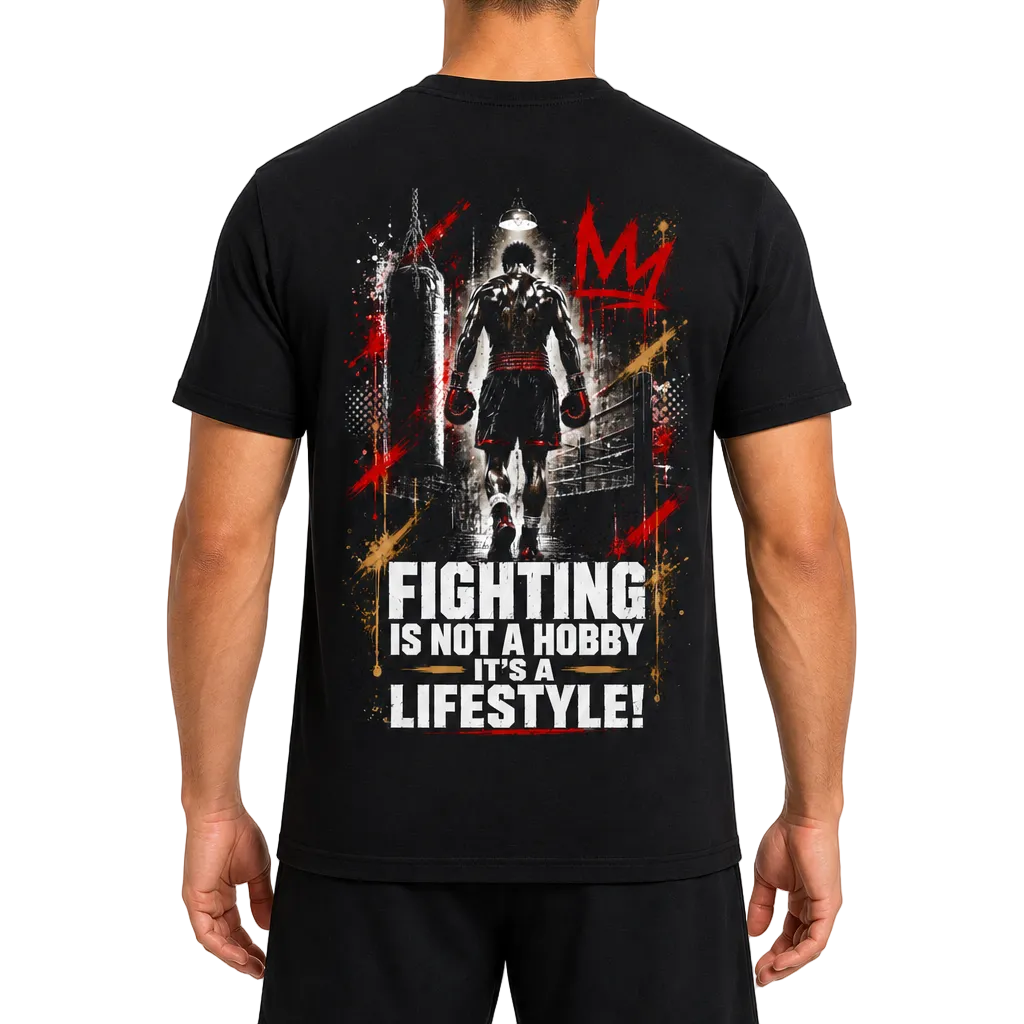 Fighters Corner Fighting Is Not a Hobby black T-shirt, back view on model